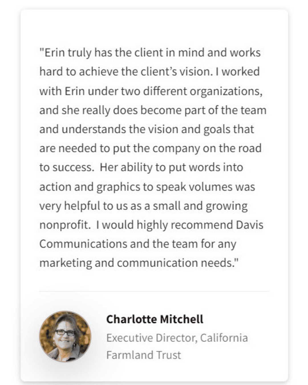 Sample client testimonial for Erin Davis of Matchbox Women